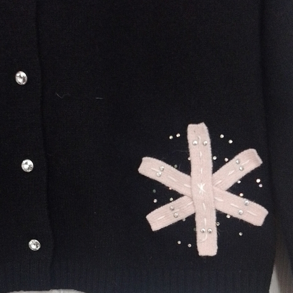 Garnet Hill Black and Pink Cardigan Sweater with Snowflake Design - Picture 3 of 7
